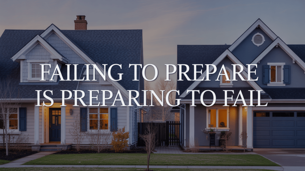Image of two houses at dusk with a motivational quote overlay: 'FAILING TO PREPARE IS PREPARING TO FAIL'.