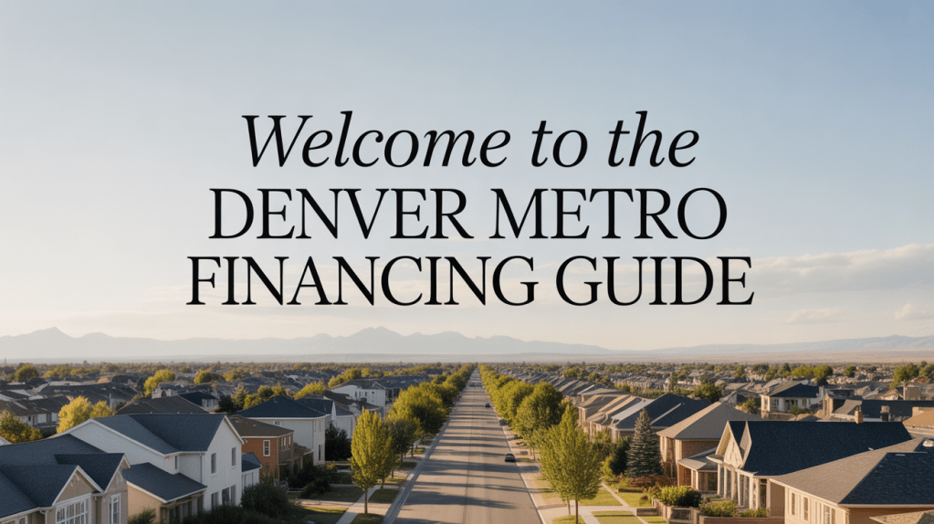 Photorealistic aerial view of a Denver metro suburban neighborhood with the Rocky Mountains in the distance, featuring the title &ldquo;Welcome to the Denver Metro Financing Guide.&rdquo;