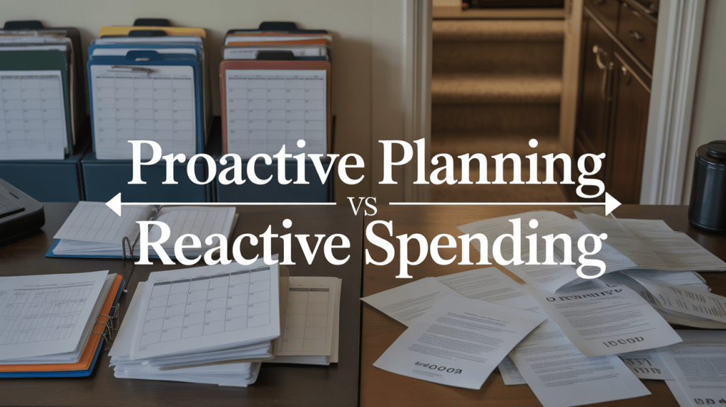 A workspace featuring two contrasting concepts: 'Proactive Planning' with organized folders and calendars on the left, and 'Reactive Spending' represented by scattered papers and documents on the right.