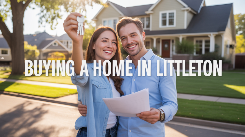 A happy couple stands outside a house, holding keys and paperwork, with a sunny neighborhood in the background. Text overlay reads 'BUYING A HOME IN LITTLETON.'