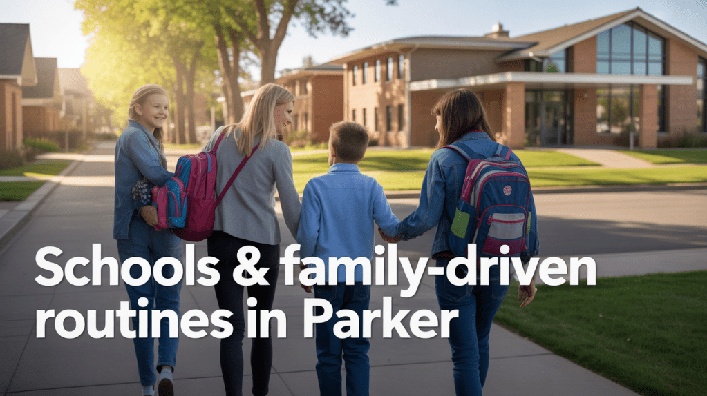A group of children walking together on a sidewalk, carrying backpacks, with a school building visible in the background. The scene emphasizes family-driven routines in a suburban area.