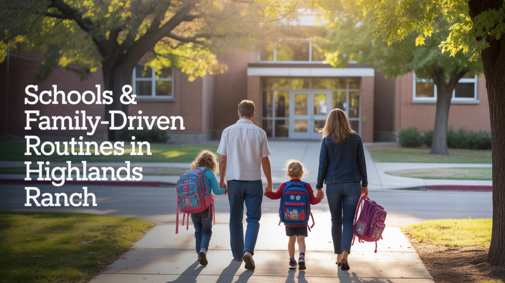 A family walking towards a school building, with two children carrying colorful backpacks and holding hands with adults, emphasizing school and family routines in Highlands Ranch.