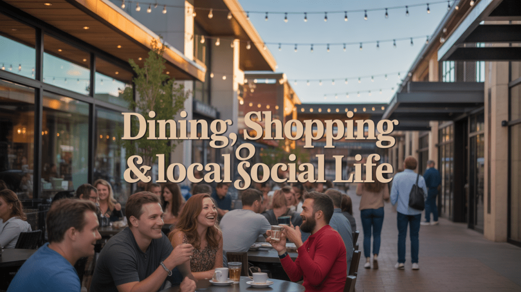 Outdoor dining scene with people enjoying coffee and conversation, showcasing a vibrant social atmosphere with string lights in the background.