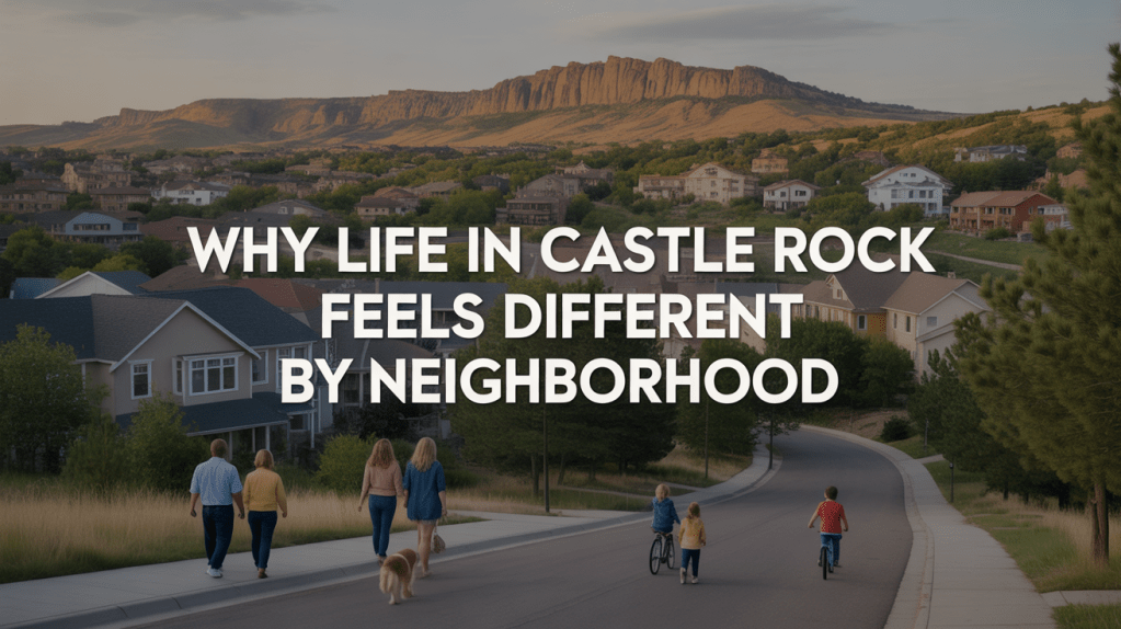 A scenic view of a residential neighborhood in Castle Rock, with families walking and children riding bicycles on a street, framed by greenery and mountainous landscapes in the background.