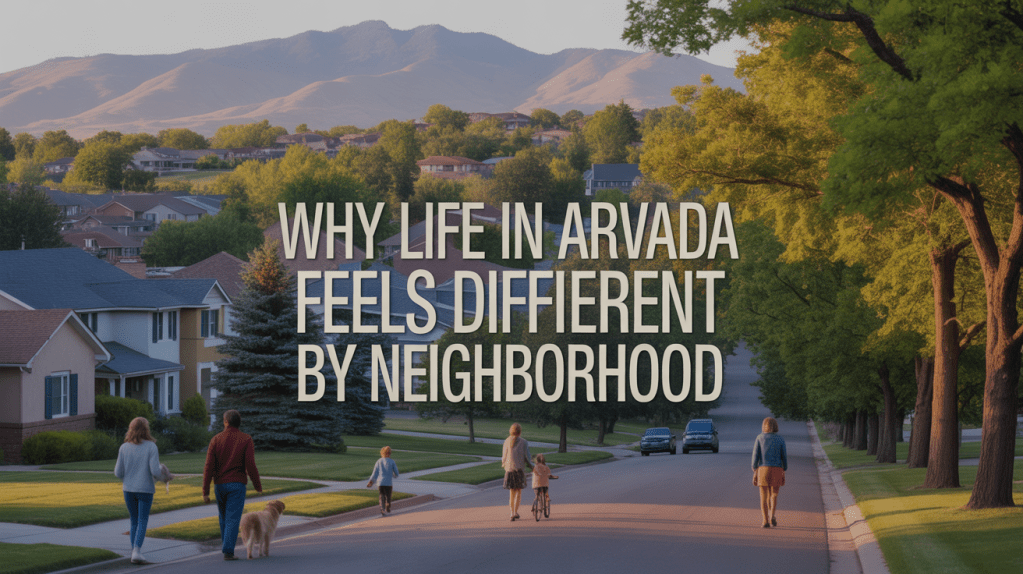 A picturesque neighborhood in Arvada, showcasing tree-lined streets, homes, and families enjoying a walk outdoors.