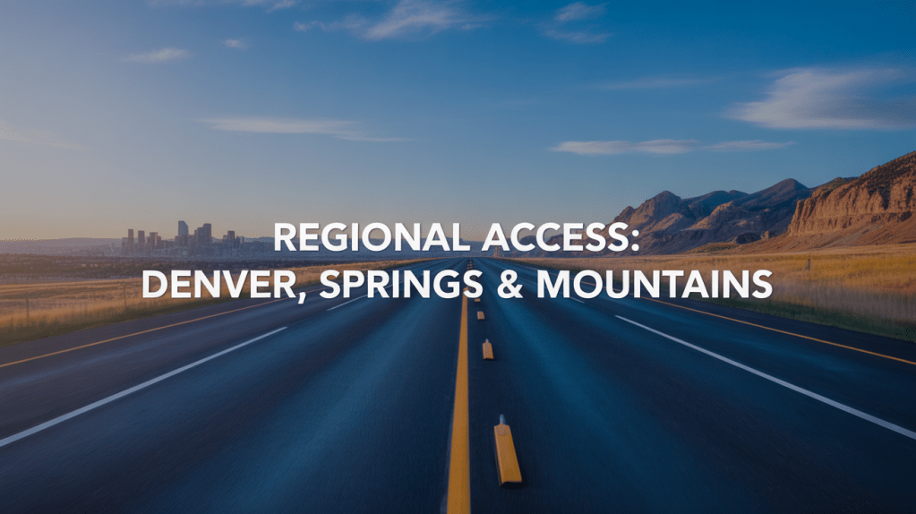 A scenic highway leading towards Denver's skyline, with mountains in the background and the text 'Regional Access: Denver, Springs & Mountains' overlaying the image.