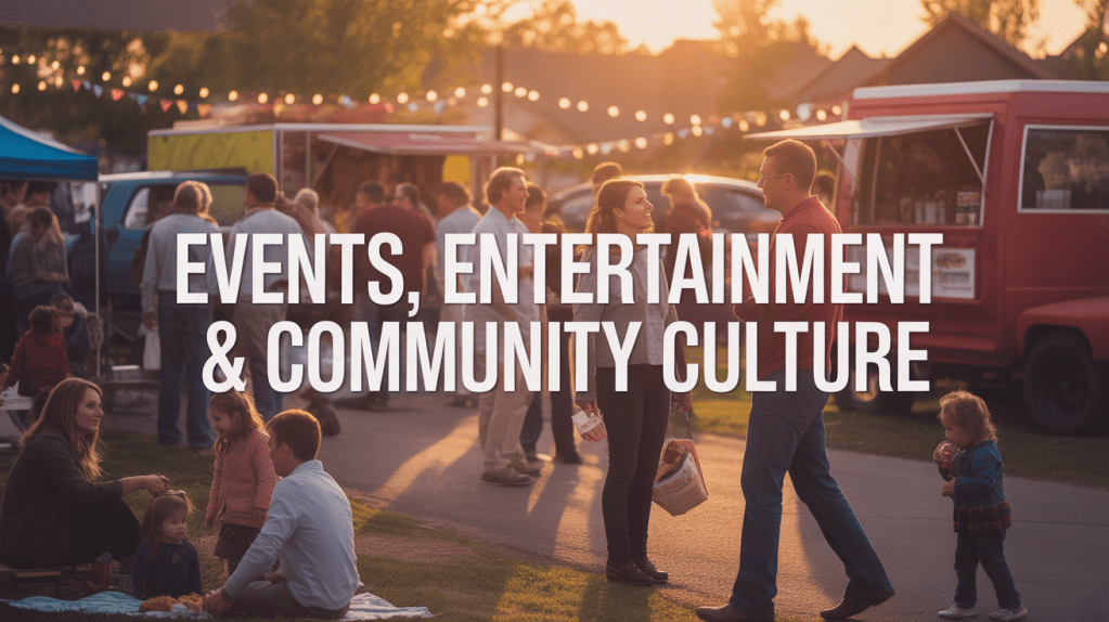 A vibrant outdoor community event showcasing people enjoying entertainment, food trucks, and social interactions, with string lights overhead.