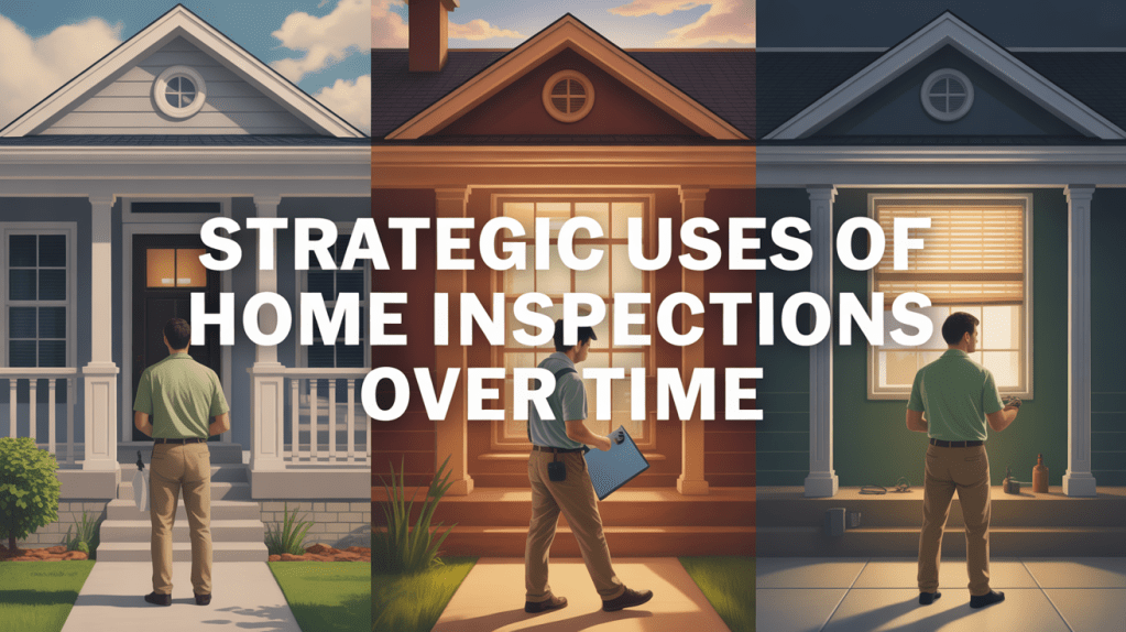 A home inspector stands in front of three different styled homes, highlighting the evolving strategic uses of home inspections over time, with clear labeling across the image.