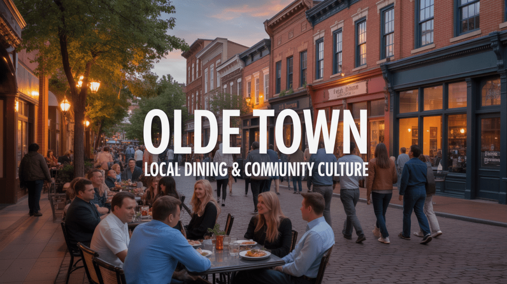 A vibrant evening scene in Old Town with outdoor dining, people socializing, and a row of historic buildings.