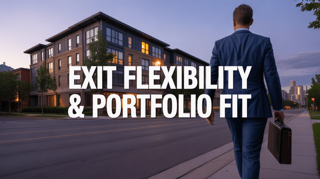 Businessman walking towards a modern building with the text 'EXIT FLEXIBILITY & PORTFOLIO FIT' overlayed