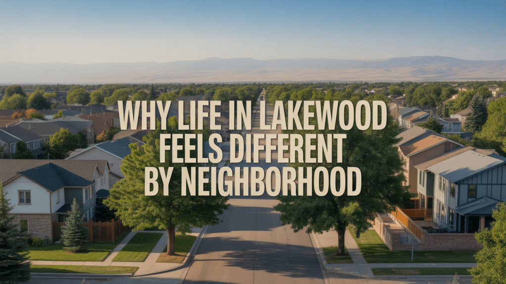 Aerial view of a suburban neighborhood in Lakewood with houses and trees, featuring the text 'Why Life in Lakewood Feels Different by Neighborhood' overlaid.