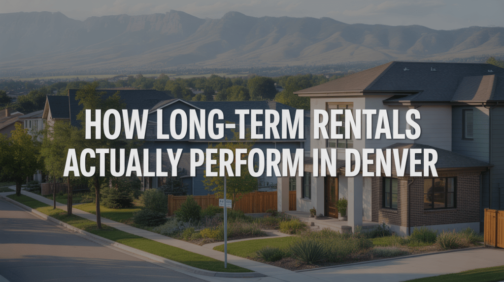 A residential neighborhood in Denver with modern houses and a picturesque mountain backdrop, featuring the text 'How Long-Term Rentals Actually Perform in Denver' overlayed.