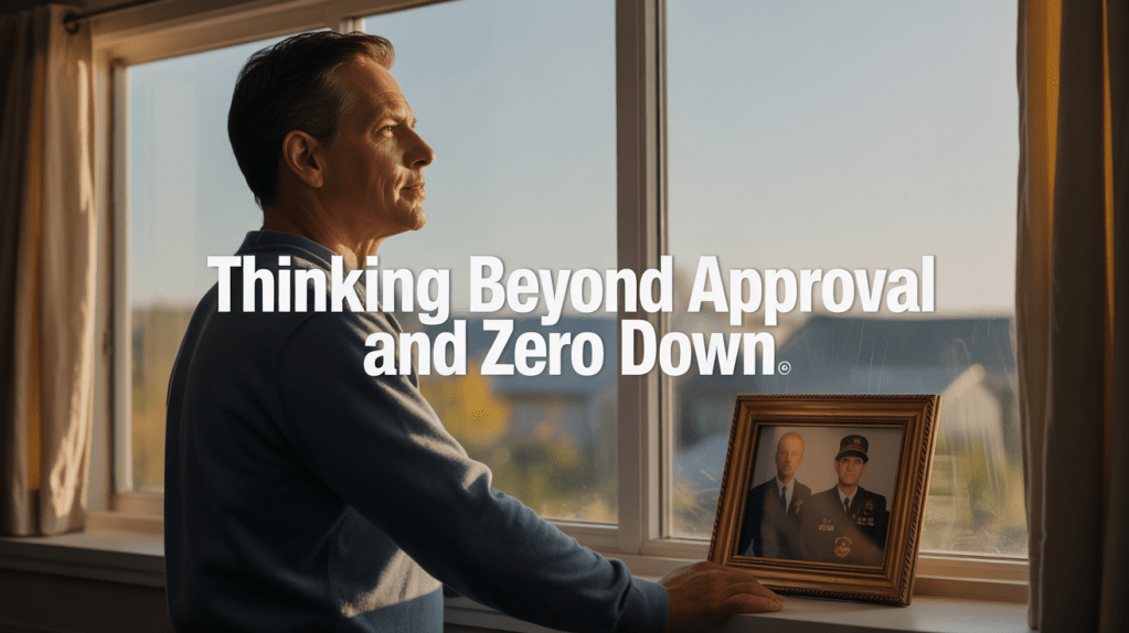A man gazing thoughtfully out of a window, with a family photo featuring two men in military uniforms placed on a table nearby. Text overlay reads 'Thinking Beyond Approval and Zero Down.'