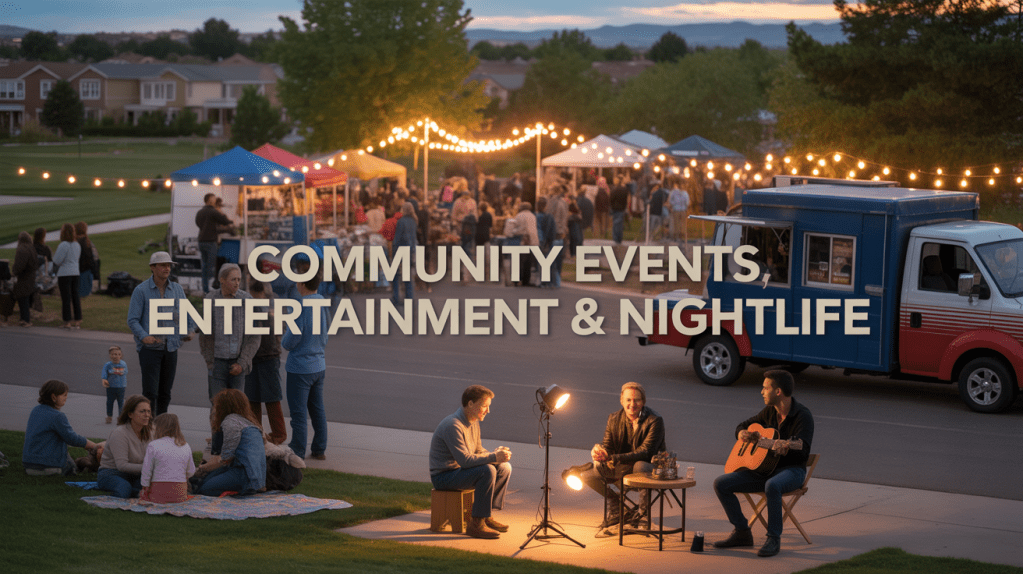 A lively community event featuring entertainment and nightlife, with people enjoying various activities outdoors, food stalls, and live music.