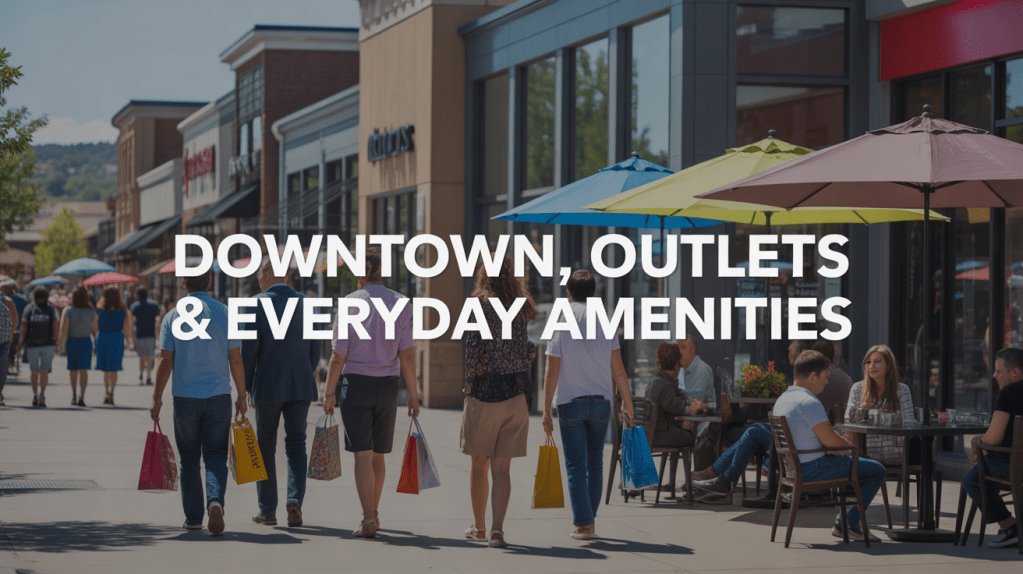 A bustling shopping area with people walking and carrying shopping bags, featuring outdoor dining with colorful umbrellas.