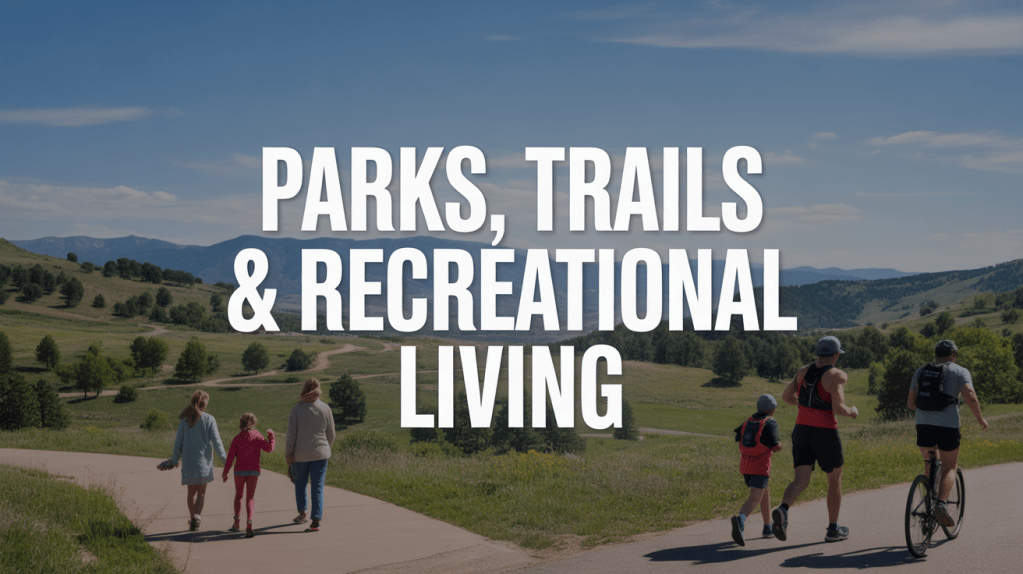A picturesque landscape featuring families enjoying parks and trails, with one group walking along a paved path and another group biking in a recreational setting.