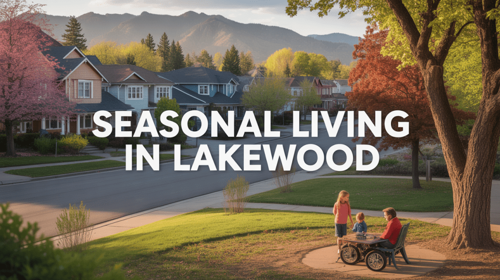 A scenic neighborhood in Lakewood featuring residential homes, vibrant trees, and mountains in the background, with a family enjoying time together outdoors.