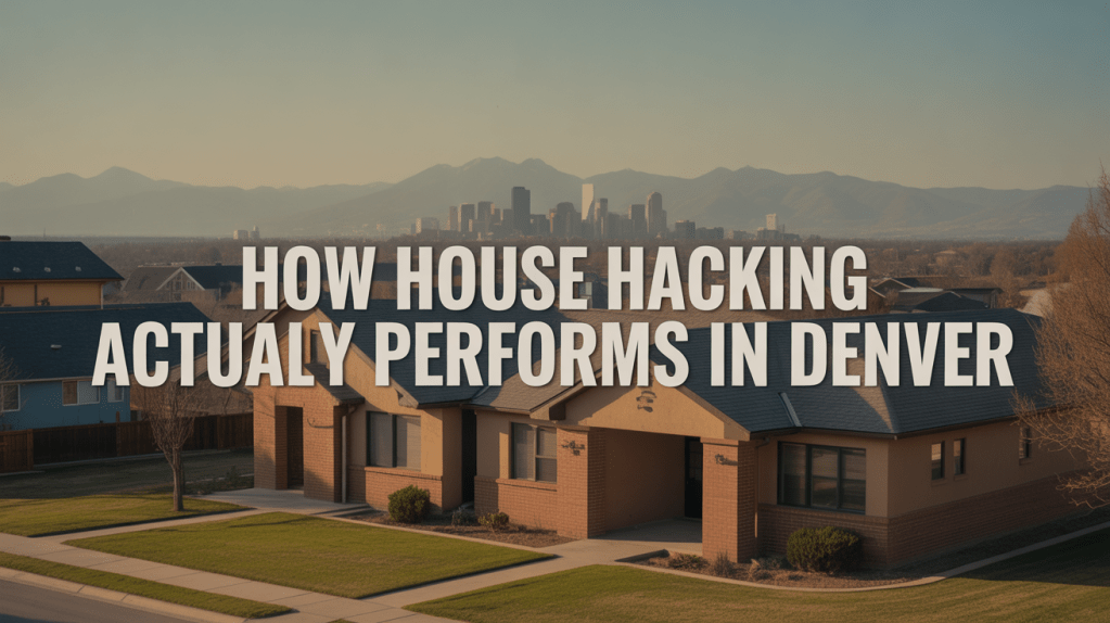 An aerial view of houses in Denver with the city skyline and mountains in the background, accompanied by text that reads 'How House Hacking Actually Performs in Denver.'