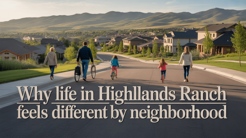 A family walking and biking down a suburban street, with houses and mountains in the background during sunset.