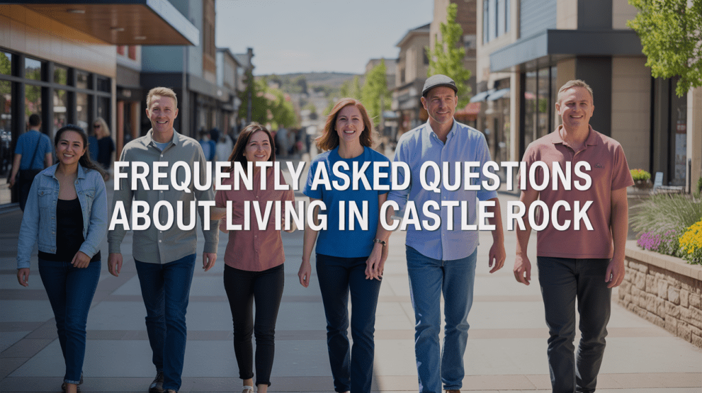 A group of six people walking together on a sunny day in a shopping area, with text overlay that reads 'Frequently Asked Questions About Living in Castle Rock.'