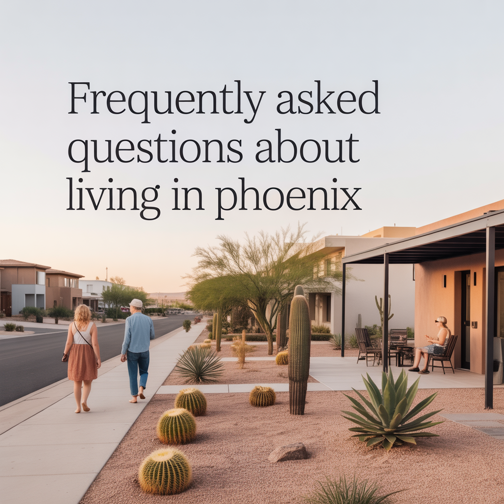 People walking near Tempe Town Lake with overlay text about frequently asked questions about living in Tempe.
