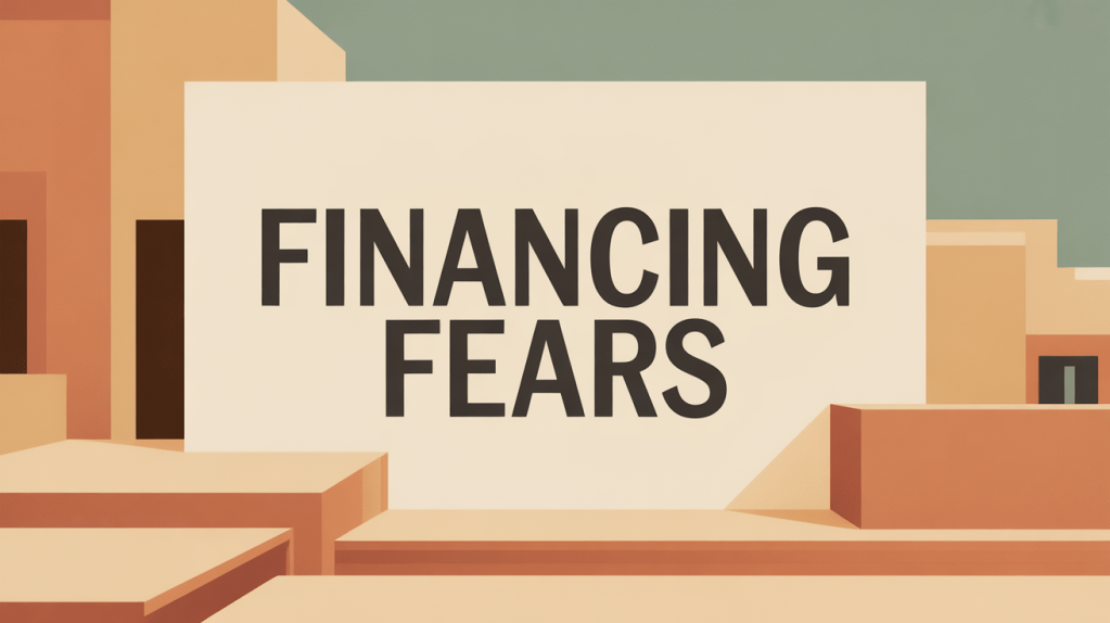 Graphic featuring the bold text 'FINANCING FEARS' on a light background with abstract architectural shapes in warm tones.