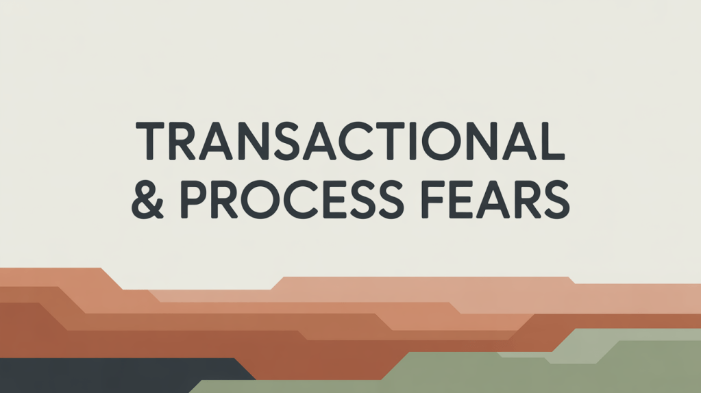 Text graphic reading 'TRANSACTIONAL & PROCESS FEARS' with a layered background design.