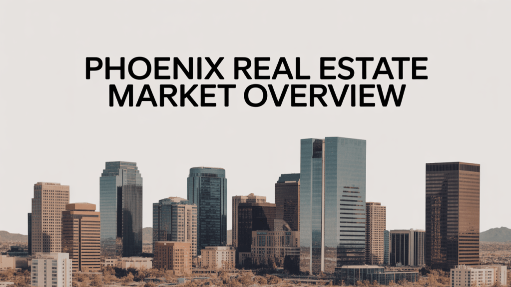 Skyline of Phoenix, Arizona with a focus on real estate market overview text.