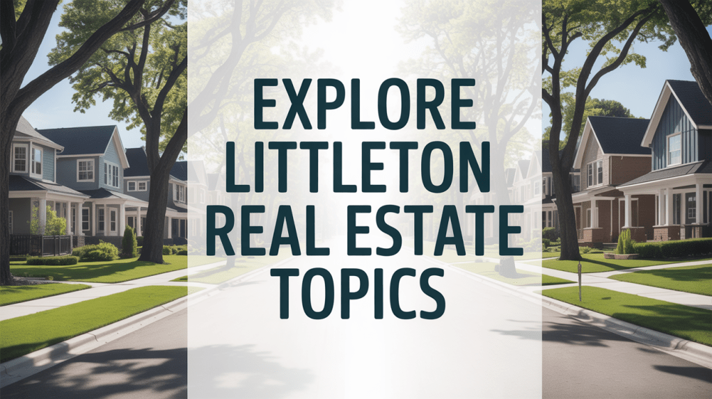 Street view of a suburban neighborhood with trees and houses, featuring the text 'Explore Littleton Real Estate Topics' overlayed.