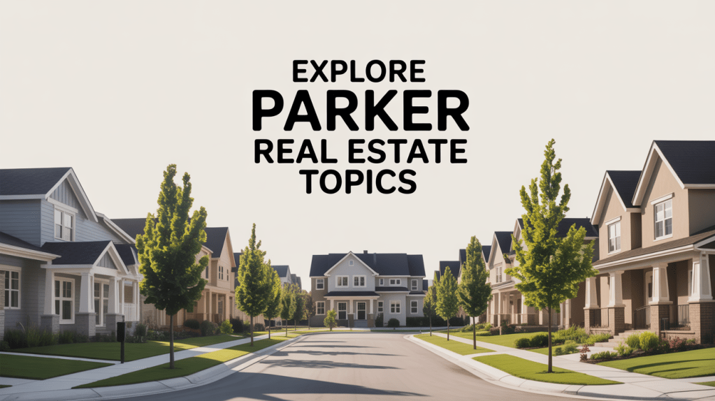 A neighborhood scene featuring various houses along a tree-lined street with a text overlay that says 'Explore Parker Real Estate Topics'.