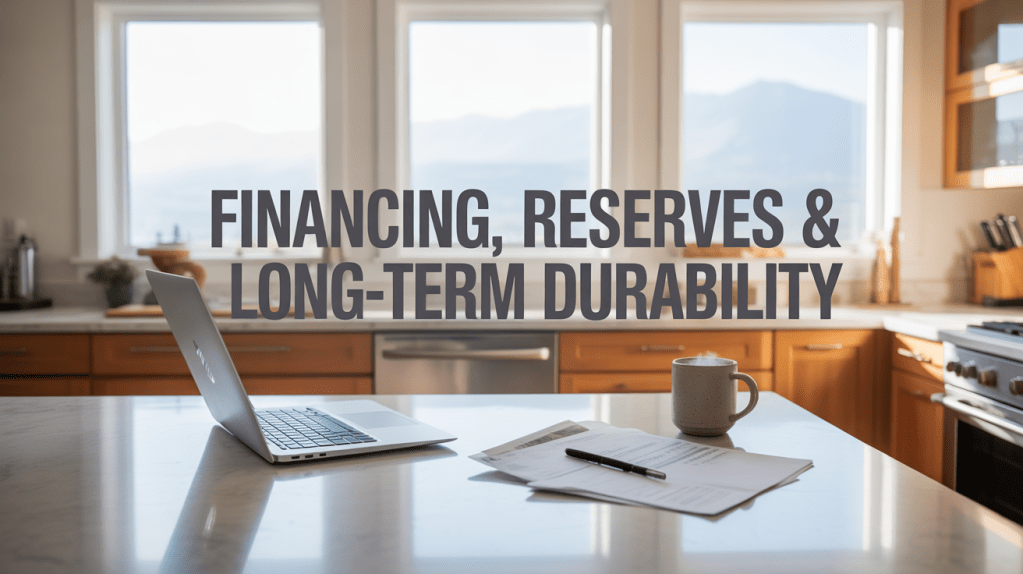 A modern kitchen workspace featuring a laptop, a coffee mug, and documents on a marble countertop, with large windows showing a mountain view. The text "FINANCING, RESERVES & LONG-TERM DURABILITY" is overlaid.