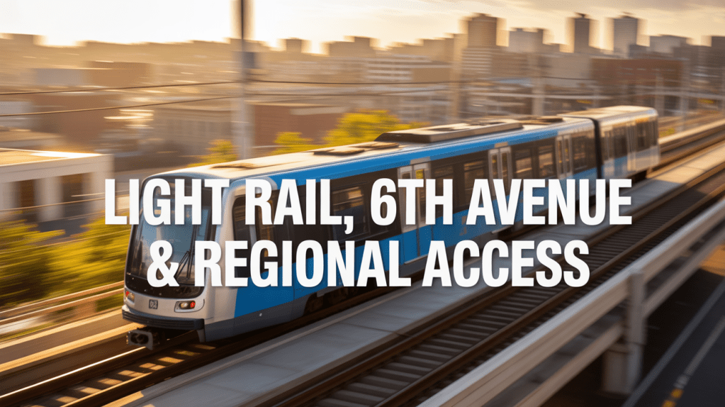Light rail train on an elevated track with a city skyline in the background
