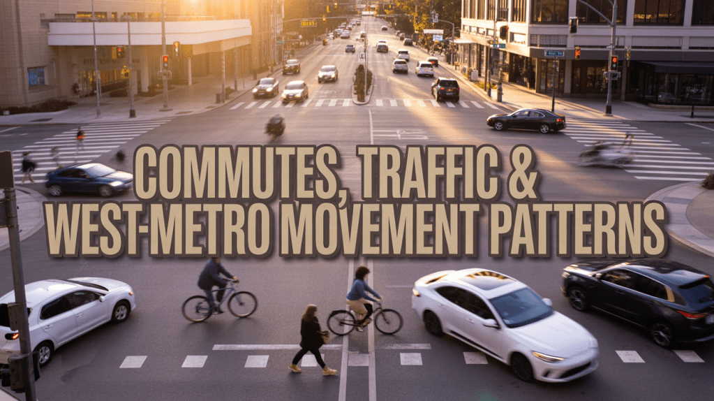 A busy urban intersection showing vehicles and pedestrians. The image features multiple cars driving, a cyclist, and people crossing the street, with the text overlay 'Commutes, Traffic & West-Metro Movement Patterns'.