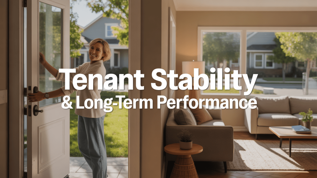 A smiling woman standing at an open front door, welcoming viewers into a brightly lit living space, with the text 'Tenant Stability & Long-Term Performance' prominently displayed.