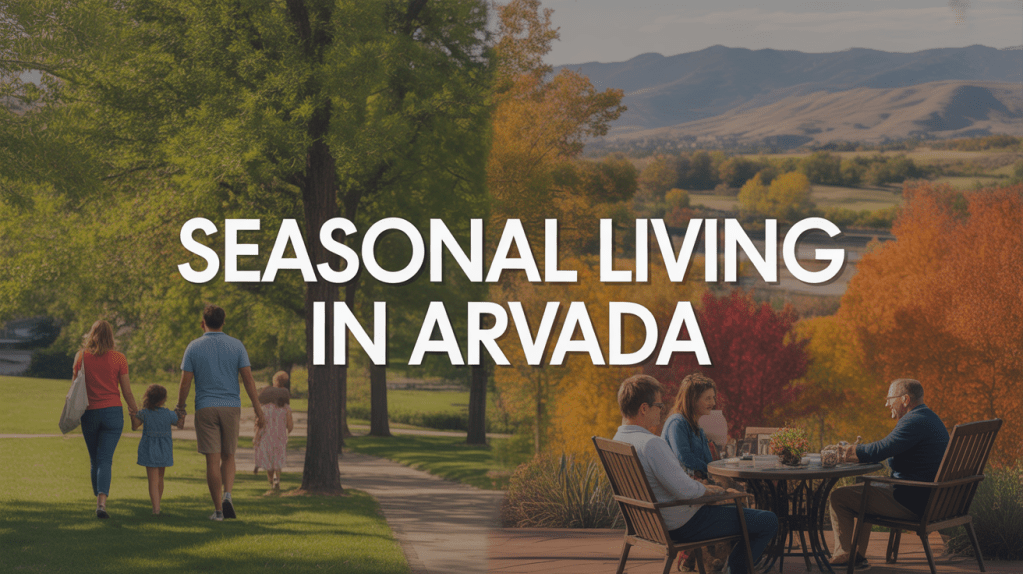 A family walking through a park with trees on one side and a group of friends enjoying a meal outdoors with colorful fall foliage in the background, showcasing seasonal living in Arvada.