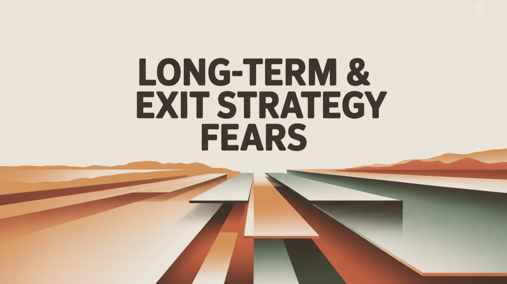 Graphic depicting the text 'LONG-TERM & EXIT STRATEGY FEARS' with a stylized background of layered geometric shapes in warm colors.
