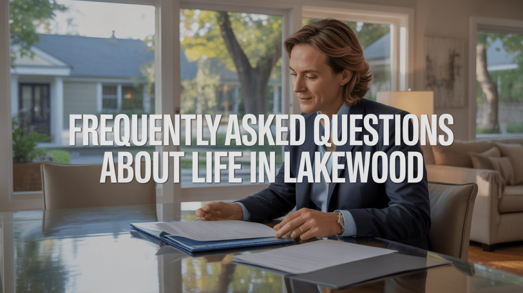 A person reviewing a document at a table in a bright room, with large windows looking out onto a garden. The text overlay reads 'Frequently Asked Questions About Life in Lakewood.'
