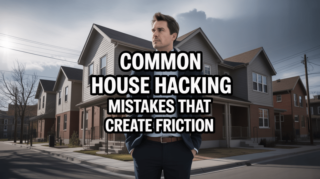 A person in business attire stands thoughtfully in front of a row of modern residential homes, with a title overlay about common house hacking mistakes.