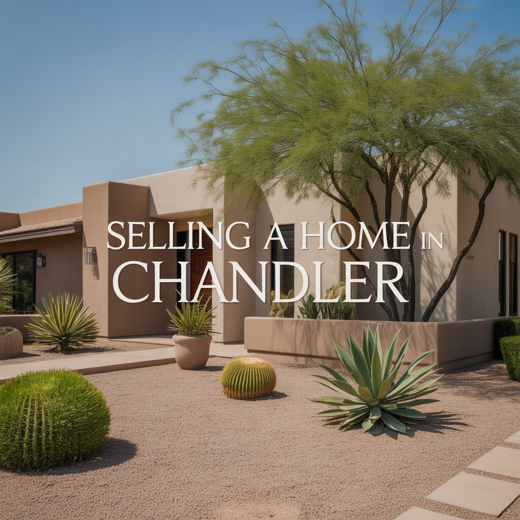 A modern home exterior in Glendale, Arizona, with desert landscaping. The image includes a prominent text overlay that reads 'Selling a Home in Glendale'.