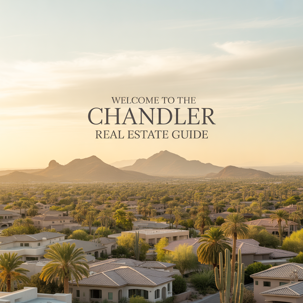 A panoramic view of Glendale, Arizona, featuring neighborhoods and desert landscape during sunset, with the text 'Welcome to the Glendale Real Estate Guide' superimposed.
