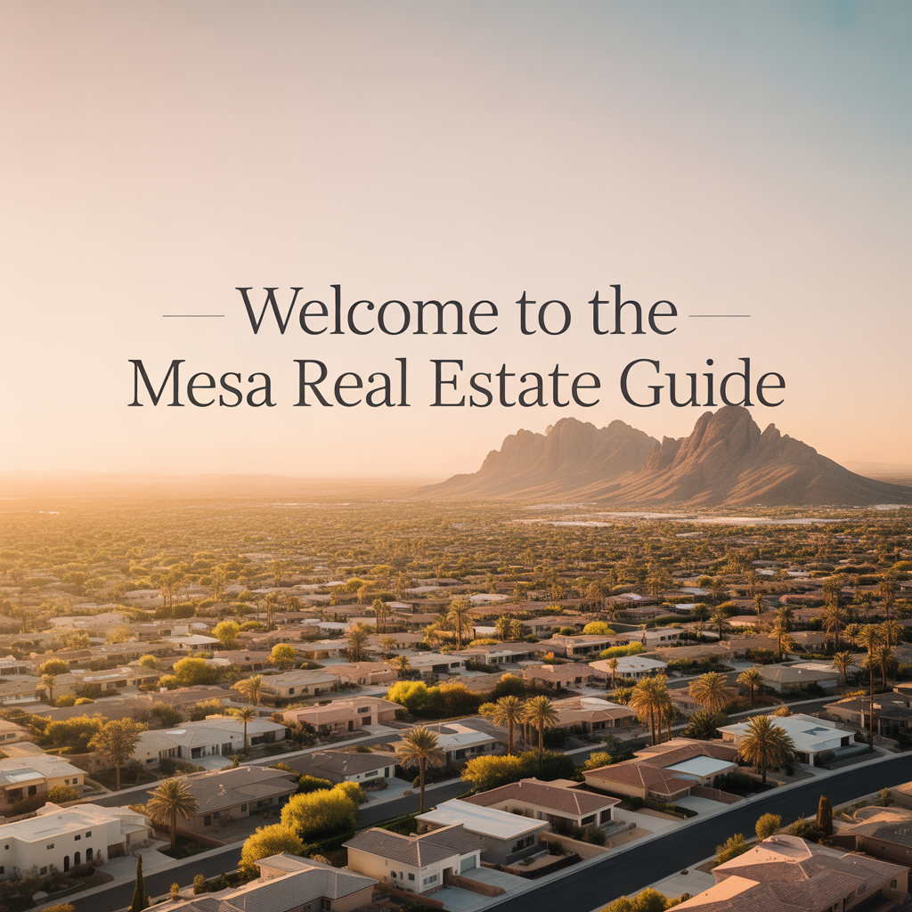 Aerial view of a suburban neighborhood with houses and palm trees, set against a backdrop of mountains at sunset, featuring the text 'Welcome to the Mesa Real Estate Guide'.