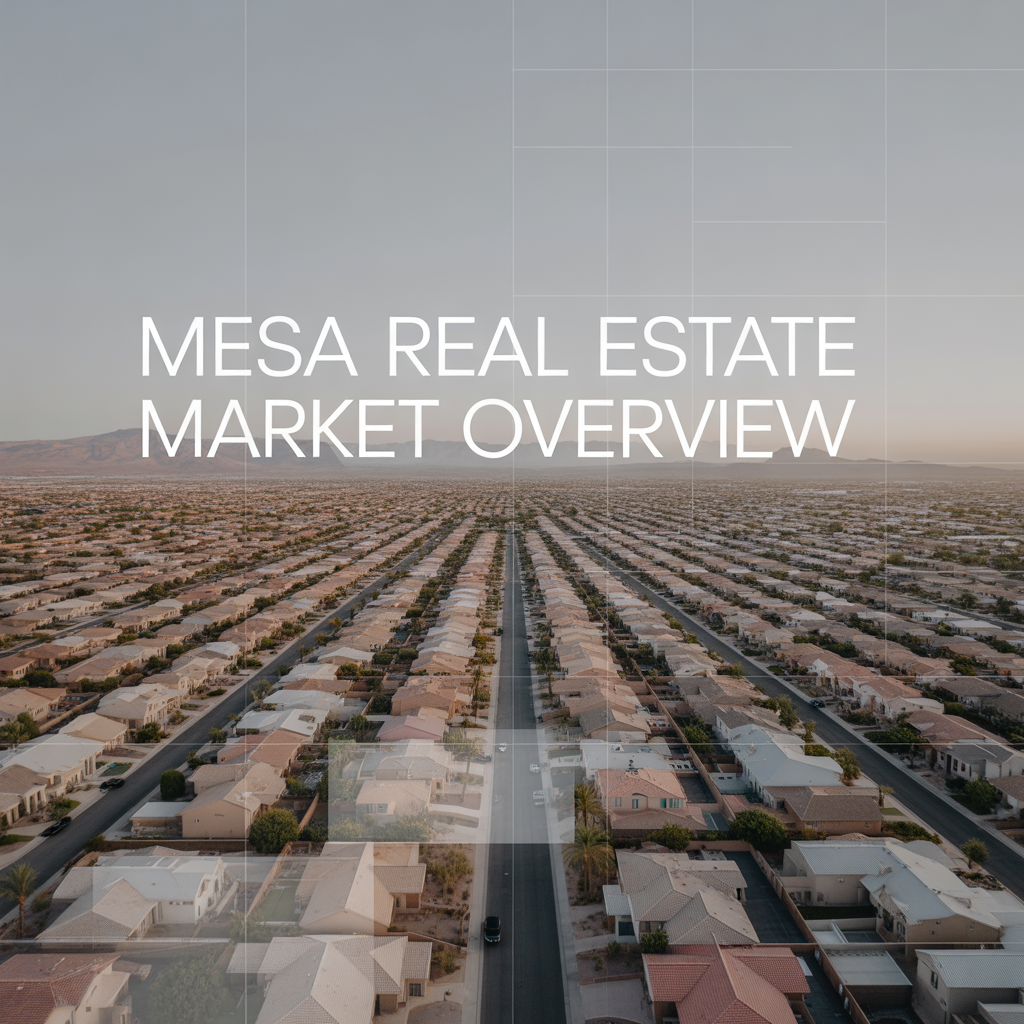 Aerial view of a suburban neighborhood in Mesa, showcasing a grid of residential homes with a clear sky in the background. The text overlay reads 'Mesa Real Estate Market Overview'.