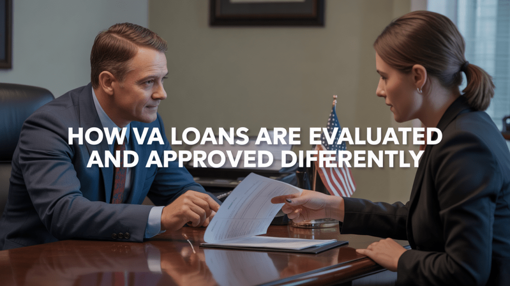 A man and a woman seated at a table discussing documents related to VA loans, with a U.S. flag in the background.