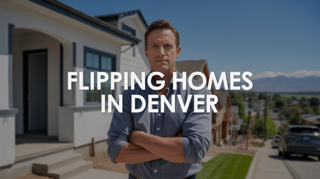 A man standing confidently in front of a house, with mountains in the background, promoting flipping homes in Denver.