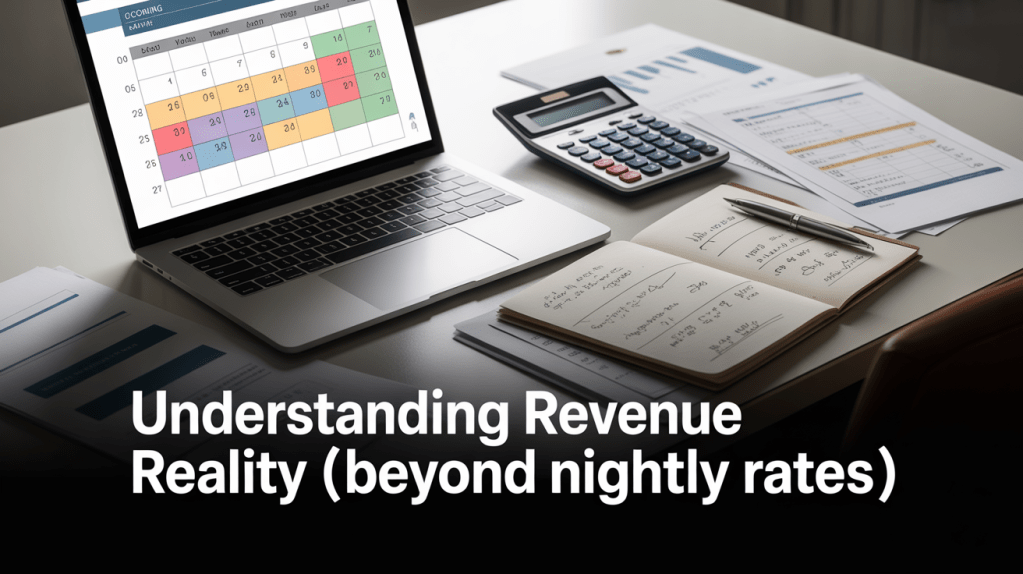 A workspace featuring a laptop with a colorful calendar on the screen, a calculator, notebooks with handwritten notes, and various printed documents related to revenue analysis.