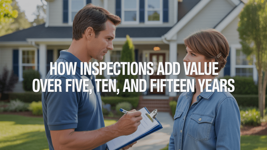 A male inspector discussing property inspections with a female homeowner in front of a house, highlighting the value of inspections over time.