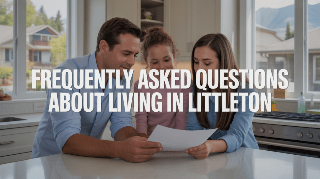 A family discussing frequently asked questions about living in Littleton, sitting at a kitchen table with a document.