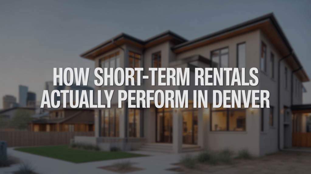 Exterior view of a modern building in Denver with large windows and an inviting porch, featuring the text 'How Short-Term Rentals Actually Perform in Denver' overlayed.