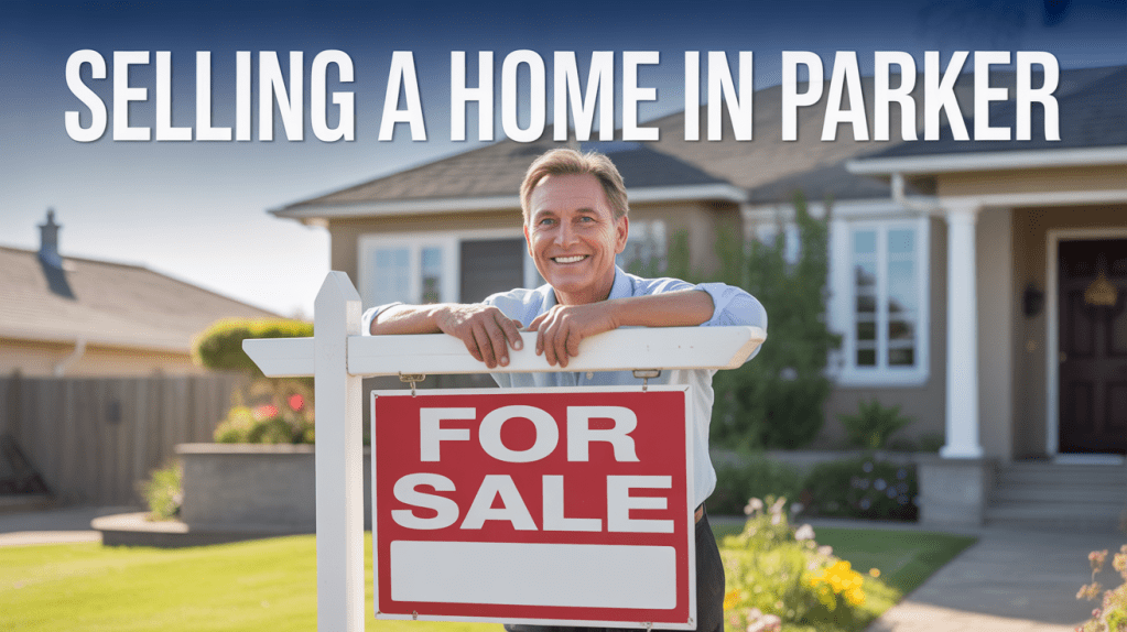 Smiling man standing by a 'For Sale' sign in front of a home, promoting home selling in Parker.