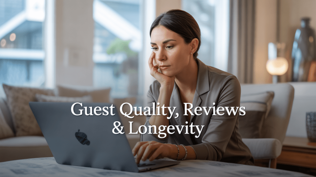 A woman sitting at a desk, looking thoughtfully at her laptop, with the text 'Guest Quality, Reviews & Longevity' overlaying the image.